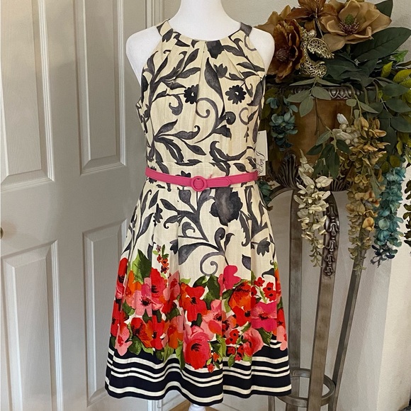 Eliza J Dresses & Skirts - Eliza J woman’s multi floral print Fit and Flare dress w/ pink belt Size 6